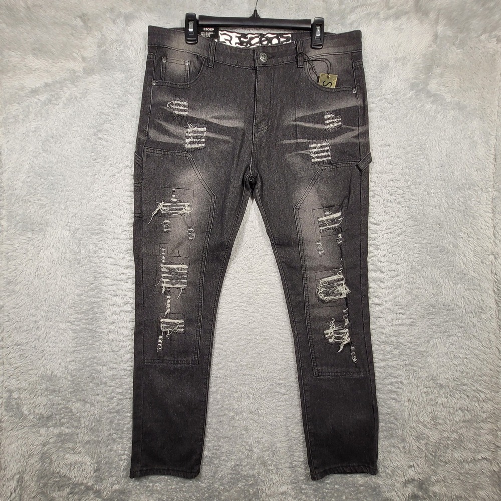 LR SCOOP Mens Distressed‎ Black Wash Jeans Slim Fit Straight Leg Moto 36x32